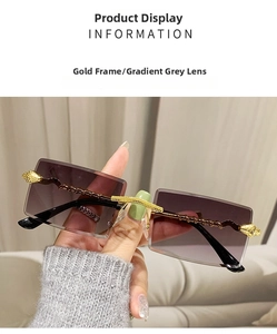 Detail of snake-style metal frame and gradient gray lenses on rimless sunglasses