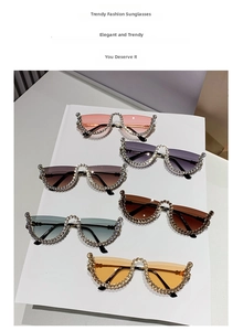 Detail view of six colorful rhinestone-encrusted semi-rimless sunglasses in vibrant hues