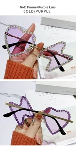 Detail of rimless gold sunglasses with heart and butterfly purple rhinestone lenses