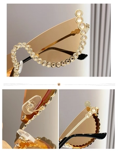 Macro detail of brown rimless sunglasses featuring luxury crystal-encrusted lens edges