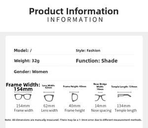 Detailed size guide showing 154mm frame width and measurements for fashion sun glasses