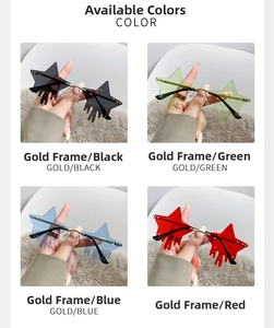 Detailed views of star-shaped rimless sunglasses with melting drip effect in four colors