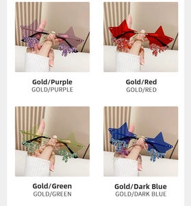 Detail view of rimless star sunglasses with tassel rhinestones in four vibrant colors