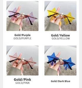 Detail view of star-shaped rimless sunglasses with melting droplet edge in four colors