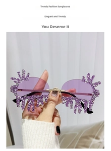 Detail of purple rimless teardrop sunglasses with sparkling crystals on lenses