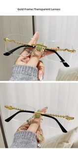 Detailed view of snake-textured gold metal temples and rimless clear square lenses