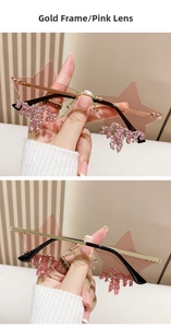 Star-shaped rimless pink sunglasses with sparkling crystal drop accents and gold metal temples