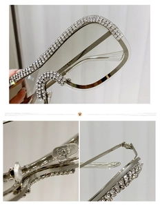 Détails de lunettes de soleil punk argentées avec strass incrustés et plaquettes en silicone