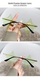 Detail of star-shaped rimless sunglasses with green lenses and gold drip effect