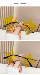 Star-shaped frameless sunglasses with gold melting effect and yellow lenses for party
