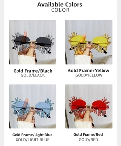 Detail view of four color options of rimless tear-shaped sunglasses with fringe diamonds