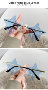Detailed view of gold metal frame and blue star-shaped lenses with drip effect design