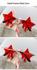 Star-shaped rimless sunglasses with gold frame, red transparent lenses, and fluid drip design