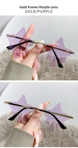 Detail of star-shaped purple rimless sunglasses with gold metal temples and drip design