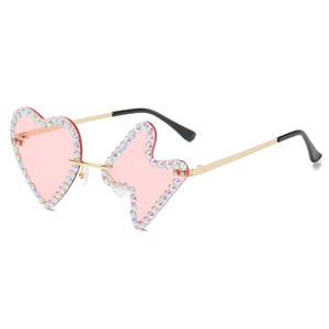 Frameless rimless sunglasses with heart and lightning lenses and rainbow rhinestones
