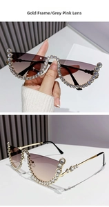 Detailed view of semi-rimless gold sunglasses with sparkling crystal-encrusted gradient lenses