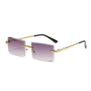 Chic rimless square sunglasses with purple gradient lenses and golden snake temples