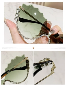 Détail de verres verts ondulés avec strass étincelants et charnières dorées chic