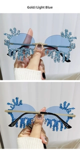 Detail of gold rimless sunglasses with light blue lenses and sparkling blue rhinestones