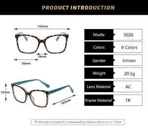 Detailed size chart for TR90 unisex glasses frame showing dimensions and material specs