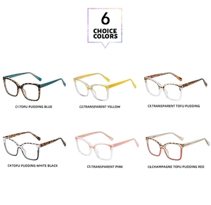 Detail view of cat-eye TR90 frames in six colors including tortoiseshell and clear pink