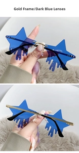 Macro detail of star-shaped rimless sunglasses with gold frames and blue dripping lenses
