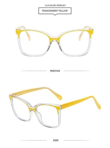Detail view of square TR90 eyeglasses frame in contrasting transparent and yellow