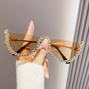 Cat Eye Sunglasses For Women Metal Half Frame Rhinestone Embellished UV400 Protection Fashion Luxury Trendy Eyewear