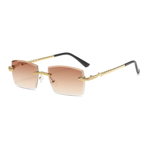 Retro rimless square sunglasses with brown gradient lenses and golden snake pattern temples