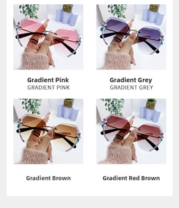 Détail de lunettes de soleil sans monture à coupe diamant et fleurs en strass dégradées