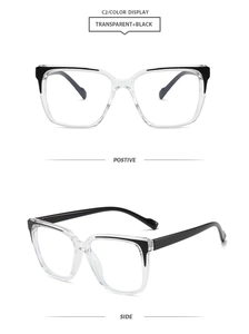 Macro detail of retro square anti-blue light glasses frame in transparent and black