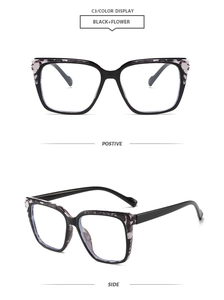 Detail showing square black and floral marble print eyeglass frames from two angles