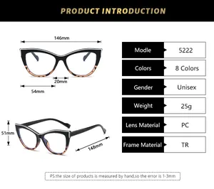 Detailed size chart for cat eye TR90 frame model 5222 showing specific dimensions and weight