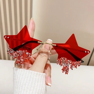 Star shaped rimless sunglasses with red lenses and dripping rhinestone tassel decor