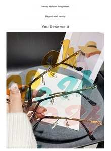 Close-up of 2024 rimless party sunglasses with colorful lenses and gold metal temples