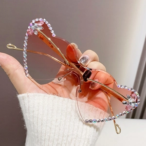 Heart Shaped Rimless Sunglasses For Women Rhinestone Crystal Trim Metal Temple Gradient Lens UV400 Fashion Eyewear