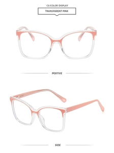 Detailed front and side view of transparent pink TR90 cat-eye blue light blocking glasses