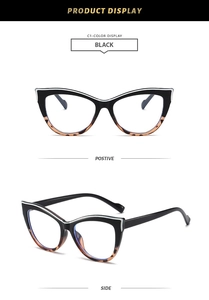 Detailed views of black and tortoiseshell cat-eye glasses frame with blue light blocking