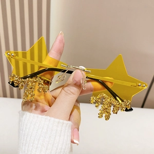 Frameless star-shaped sunglasses with yellow lenses and gold crystal fringe trim