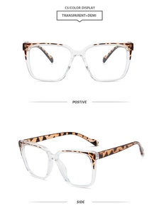 Front and side view of square transparent and leopard print blue light glasses frame