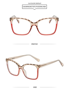 Detailed front and side view of cat-eye TR90 glasses in champagne tortoiseshell and red