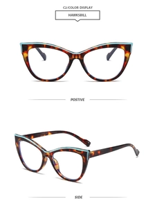 Detailed front and side view of cat-eye eyeglasses in hawksbill color with blue accents