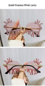 Detailed view of pink rimless teardrop sunglasses with crystal accents and gold frames