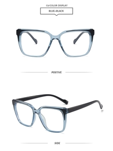 Detail view of square TR90 eyeglass frame in blue and black dual-tone colorway