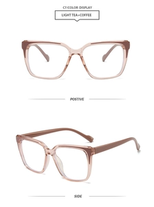 Detail view of square light tea and coffee TR90 frames with blue light blocking lenses