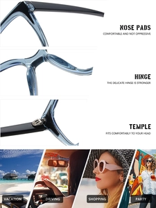 Detailed views of eyewear nose pads, metal hinges, and various lifestyle usage scenarios