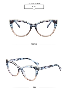 Detail of blue and tortoise cat-eye eyeglass frames with TR material and blue light filter