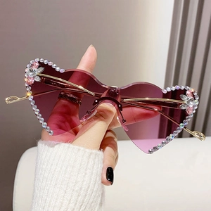 Frameless heart shaped sunglasses with gradient lenses and colorful rhinestone accents