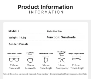 Detailed size chart for 2024 rimless sunglasses showing 153mm frame width and 19.3g weight