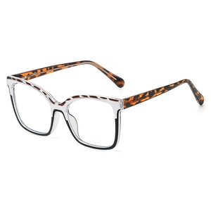 Cat-eye TR90 eyeglasses with transparent and black two-tone frame and tortoiseshell temples
